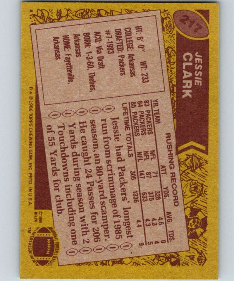 1986 Topps #217 Jessie Clark Packers NFL Football Image 2