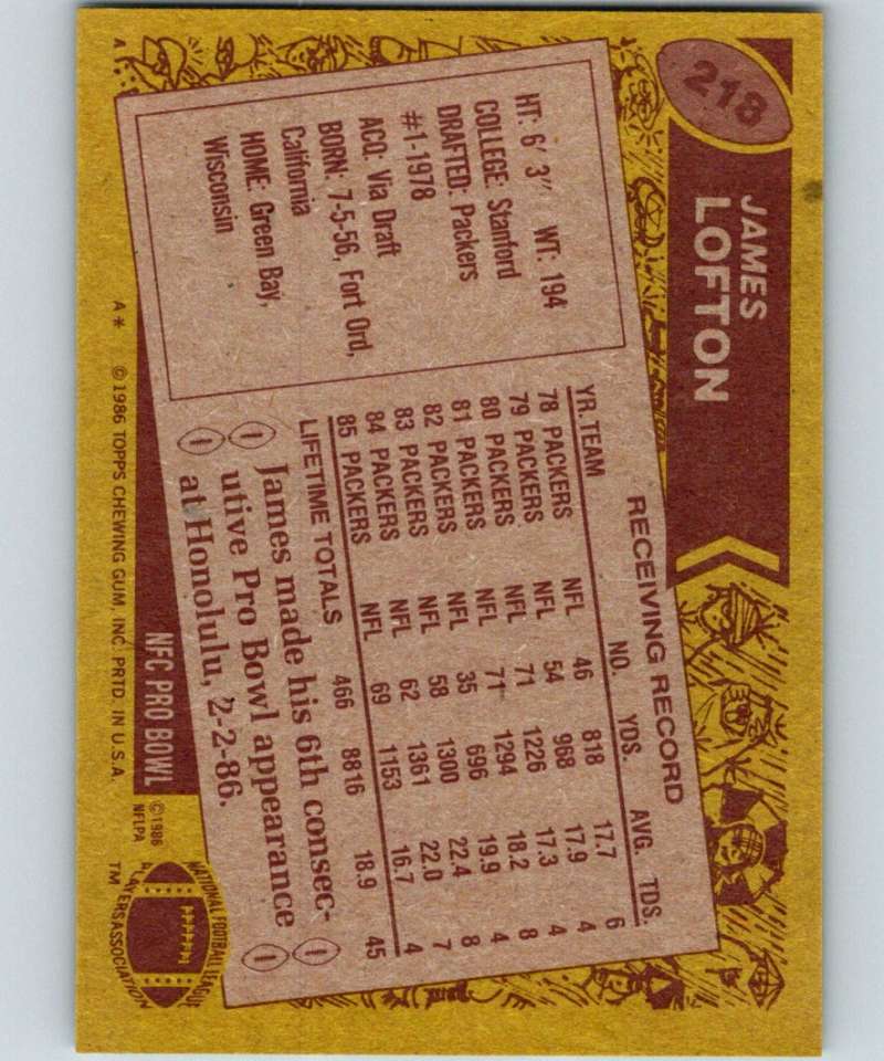 1986 Topps #218 James Lofton Packers NFL Football Image 2