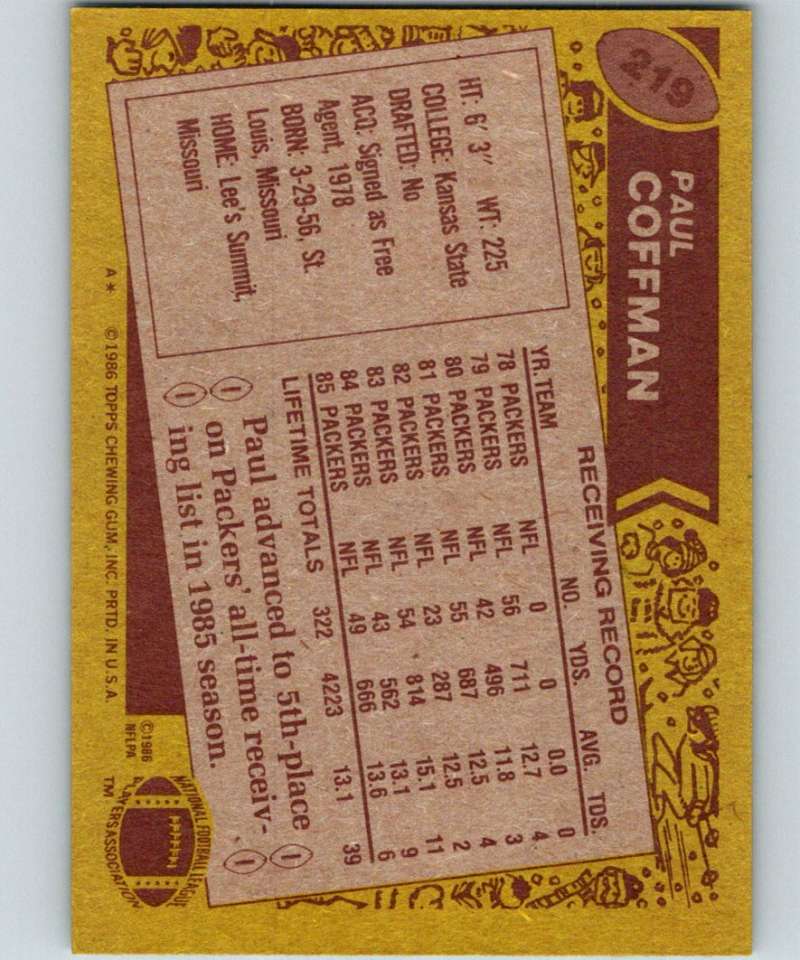 1986 Topps #219 Paul Coffman Packers NFL Football Image 2