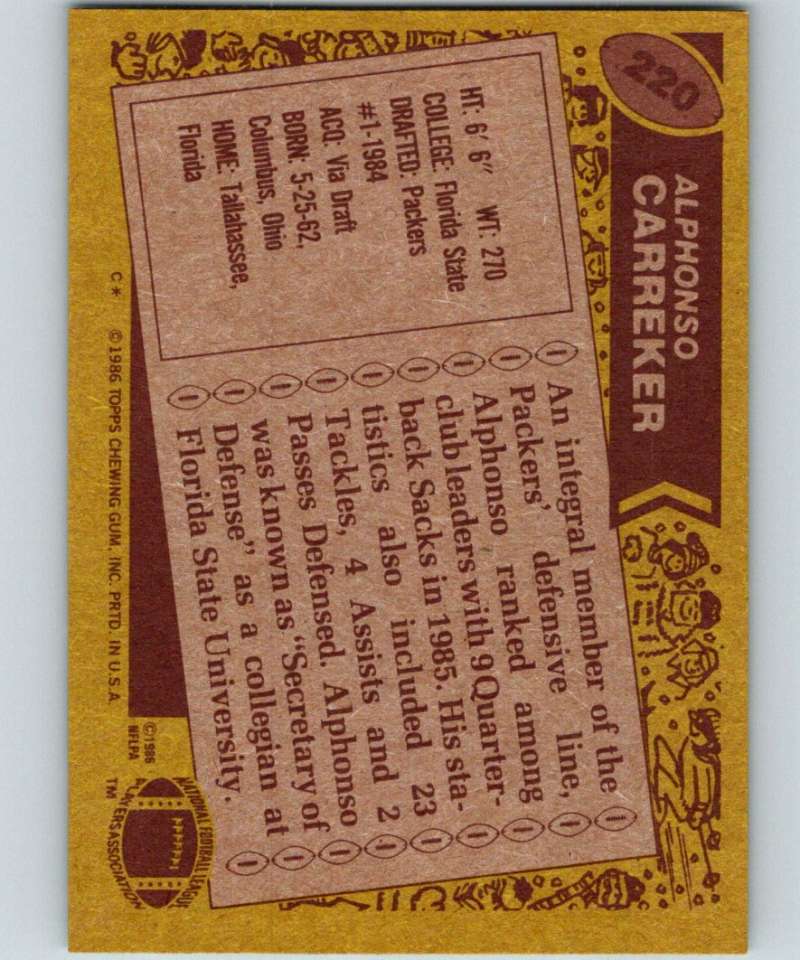 1986 Topps #220 Alphonso Carreker Packers NFL Football Image 2