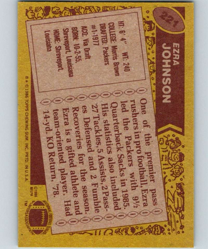 1986 Topps #221 Ezra Johnson Packers NFL Football Image 2