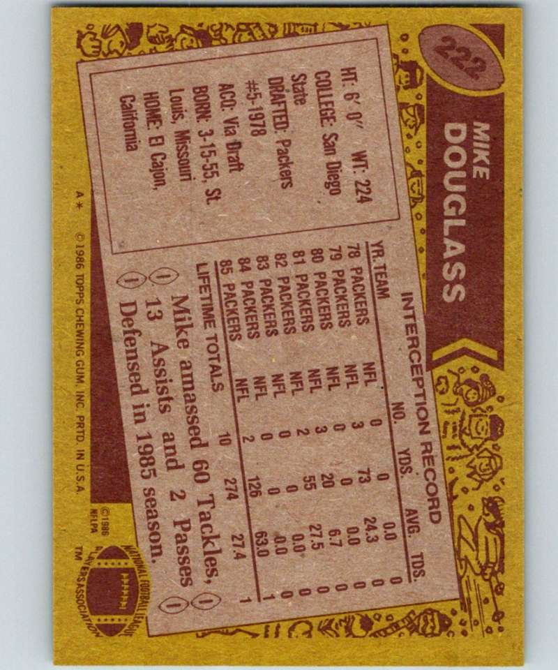 1986 Topps #222 Mike Douglass Packers NFL Football Image 2