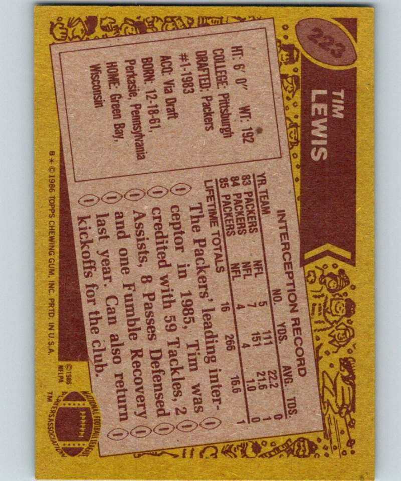 1986 Topps #223 Tim Lewis Packers NFL Football Image 2