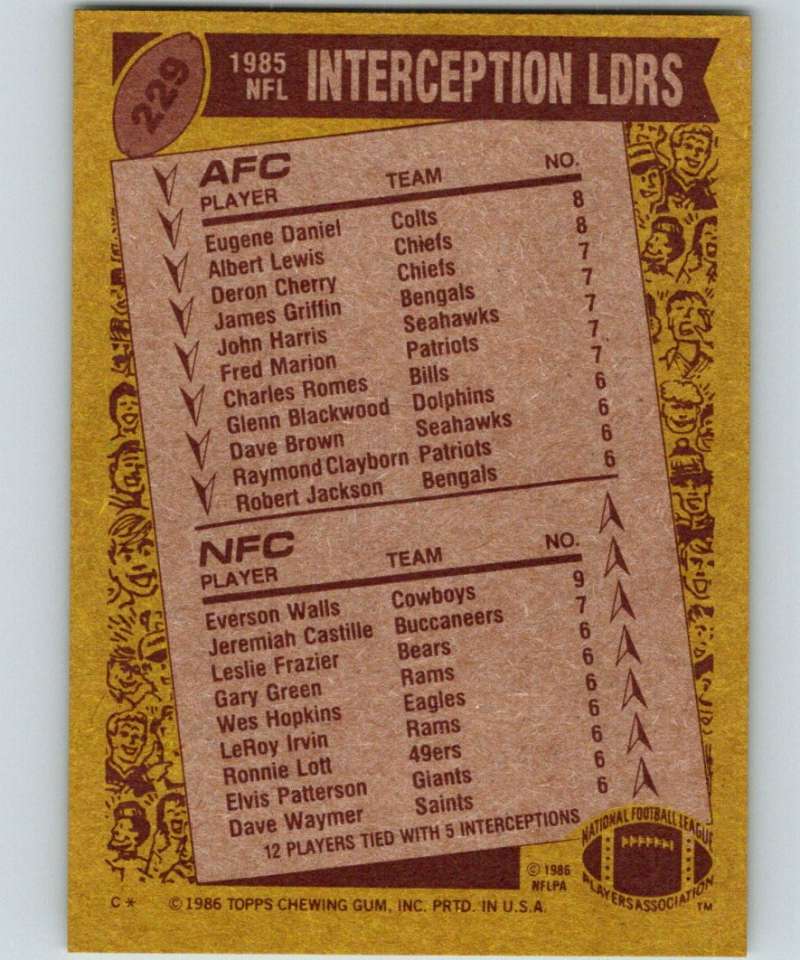 1986 Topps #229 Daniel/Lewis/Walls Interception Leaders LL NFL Football Image 2