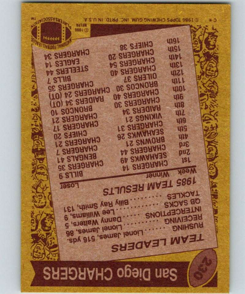 1986 Topps #230 Dan Fouts Chargers TL NFL Football Image 2