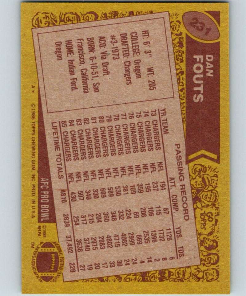 1986 Topps #231 Dan Fouts Chargers NFL Football