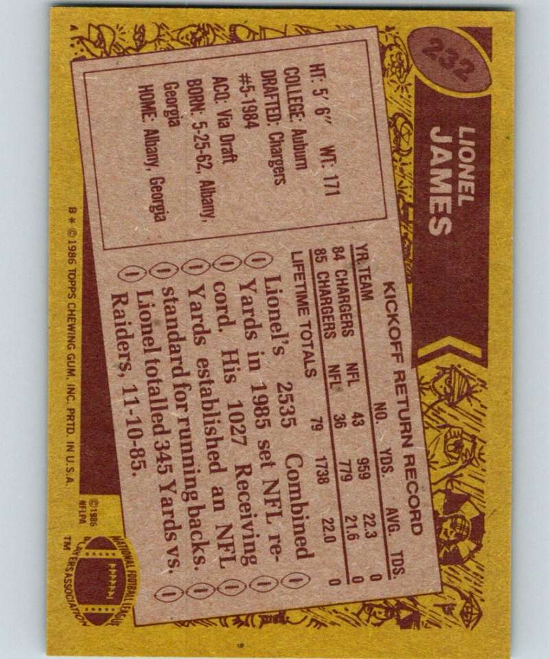 1986 Topps #232 Lionel James Chargers NFL Football Image 2