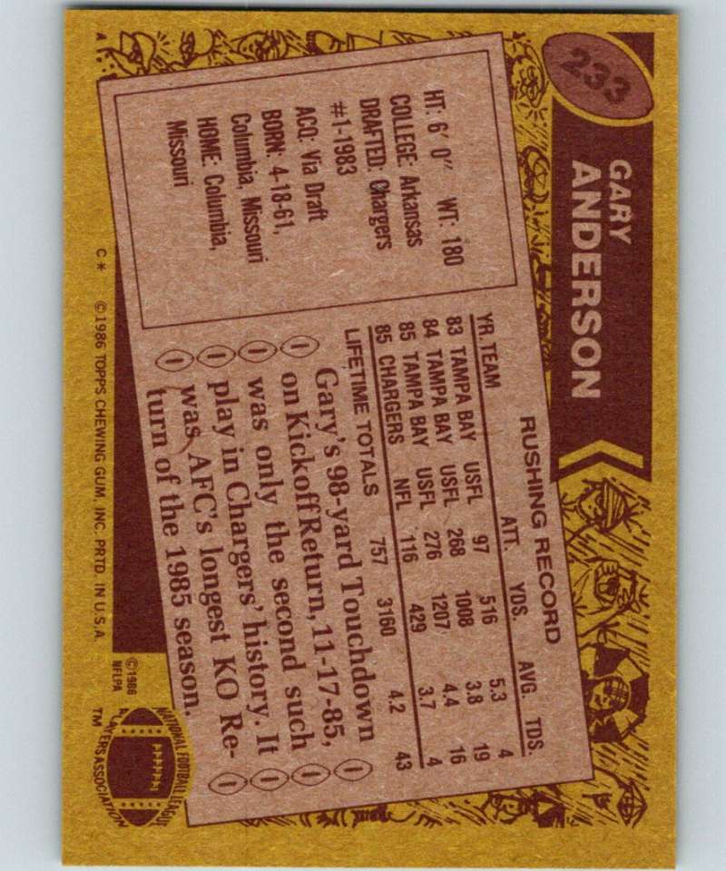 1986 Topps #233 Gary Anderson RC Rookie Chargers RB NFL Football Image 2