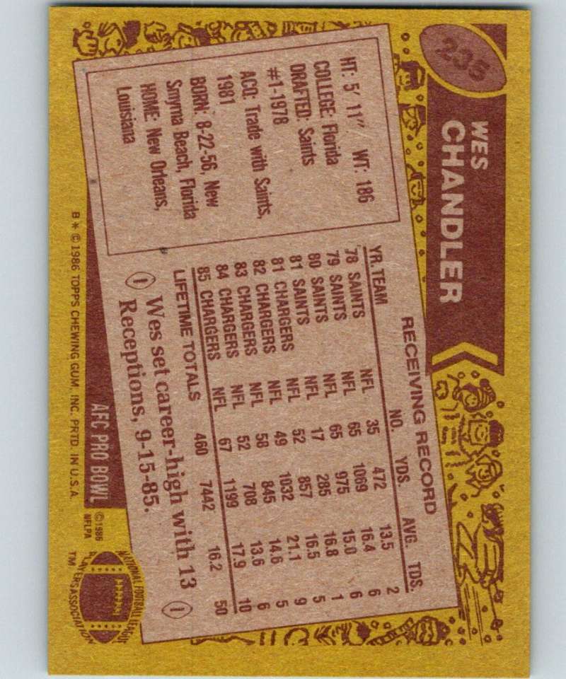 1986 Topps #235 Wes Chandler Chargers NFL Football Image 2