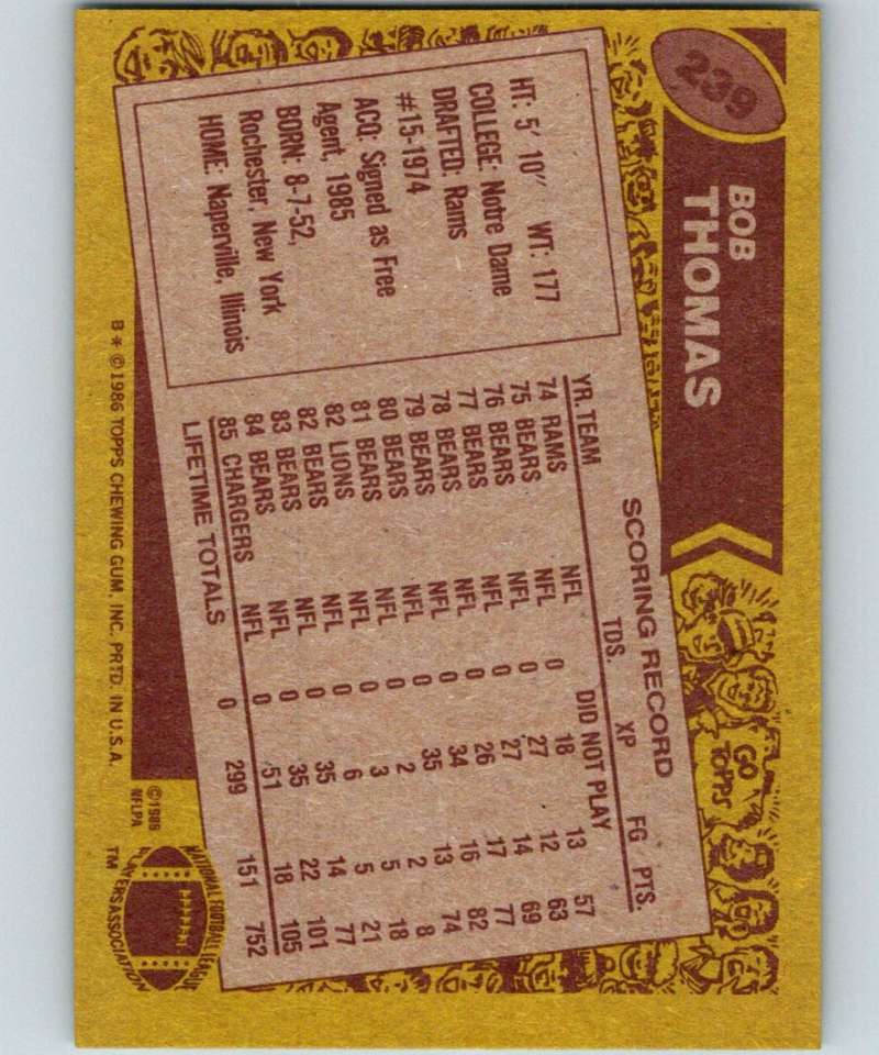 1986 Topps #239 Bob Thomas Chargers NFL Football Image 2