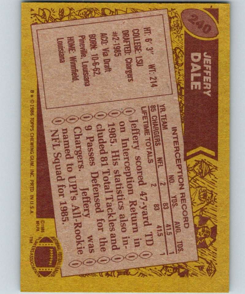 1986 Topps #240 Jeffery Dale Chargers NFL Football
