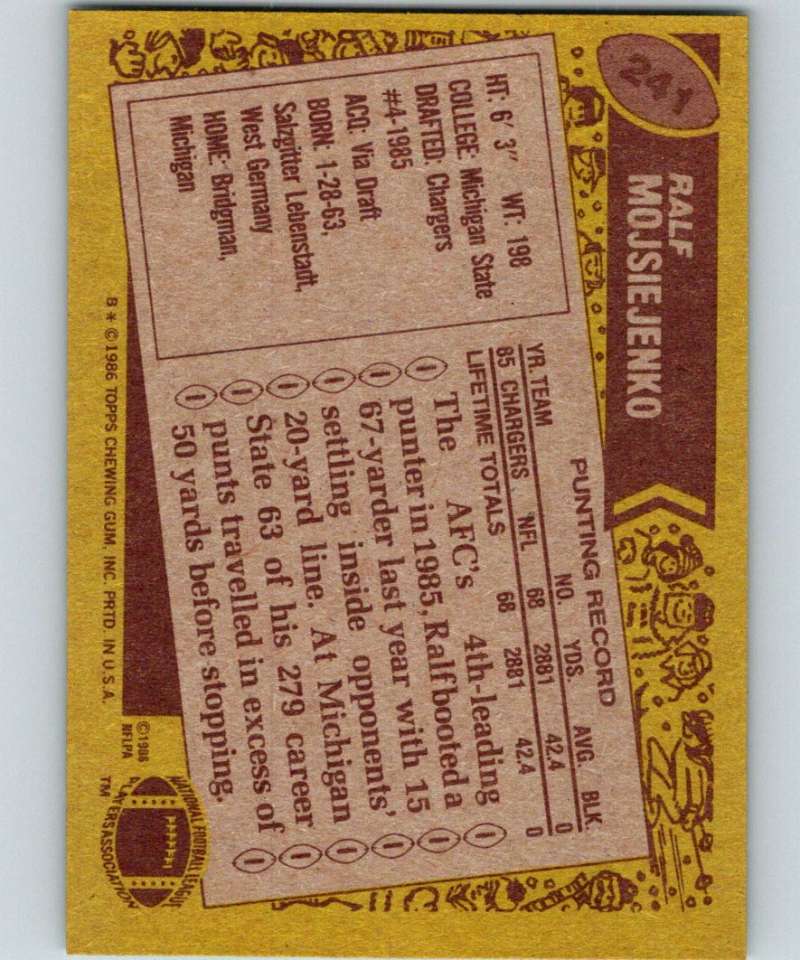 1986 Topps #241 Ralf Mojsiejenko Chargers NFL Football Image 2