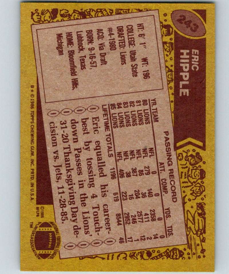 1986 Topps #243 Eric Hipple Lions NFL Football Image 2