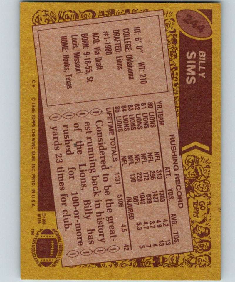 1986 Topps #244 Billy Sims Lions NFL Football Image 2