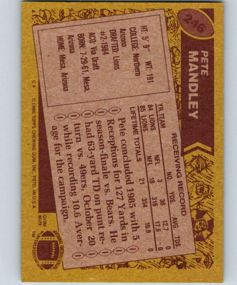 1986 Topps #246 Pete Mandley RC Rookie Lions NFL Football