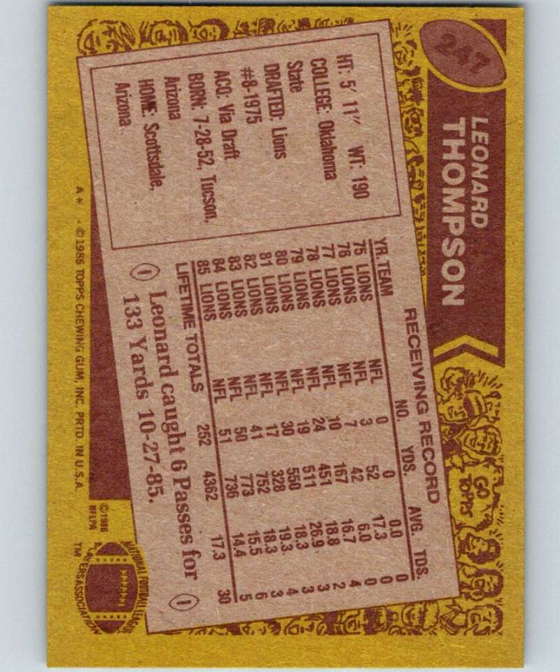 1986 Topps #247 Leonard Thompson Lions NFL Football Image 2