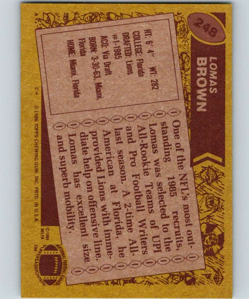 1986 Topps #248 Lomas Brown RC Rookie Lions NFL Football