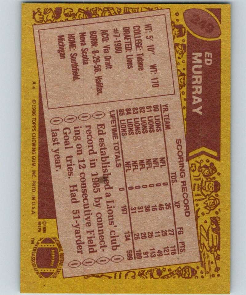 1986 Topps #249 Eddie Murray Lions NFL Football Image 2