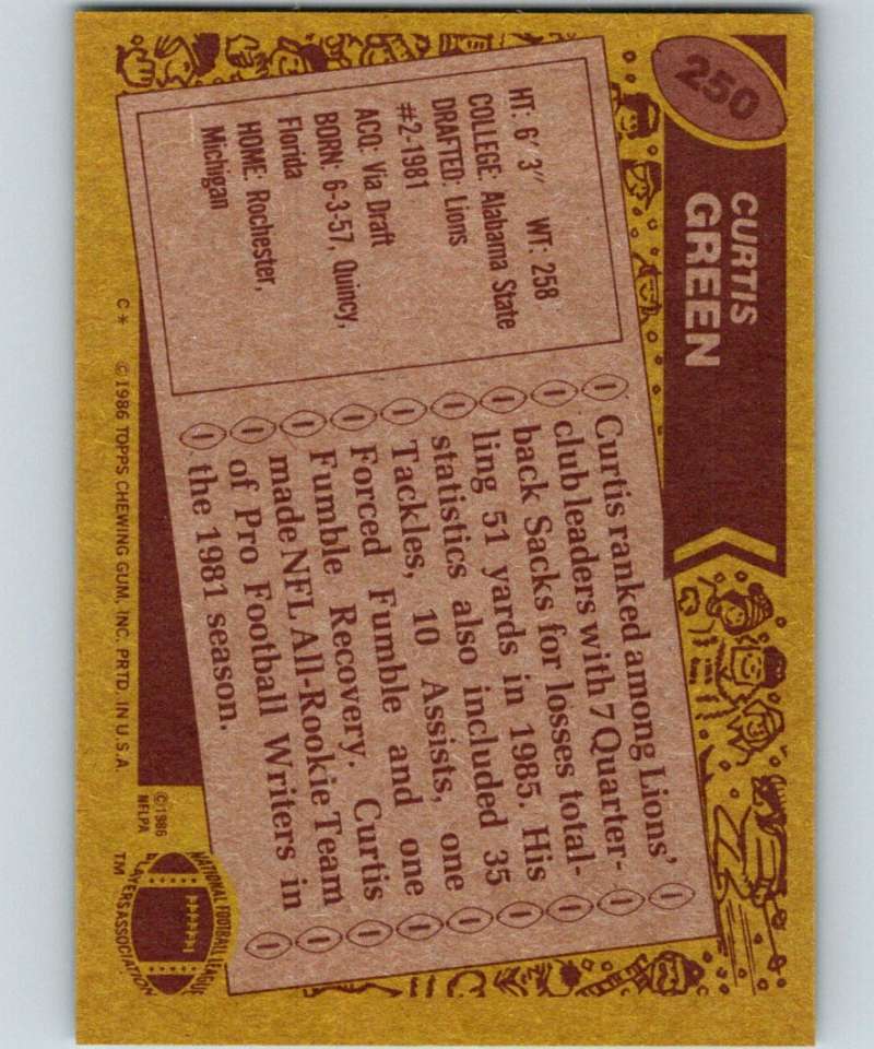 1986 Topps #250 Curtis Green Lions NFL Football