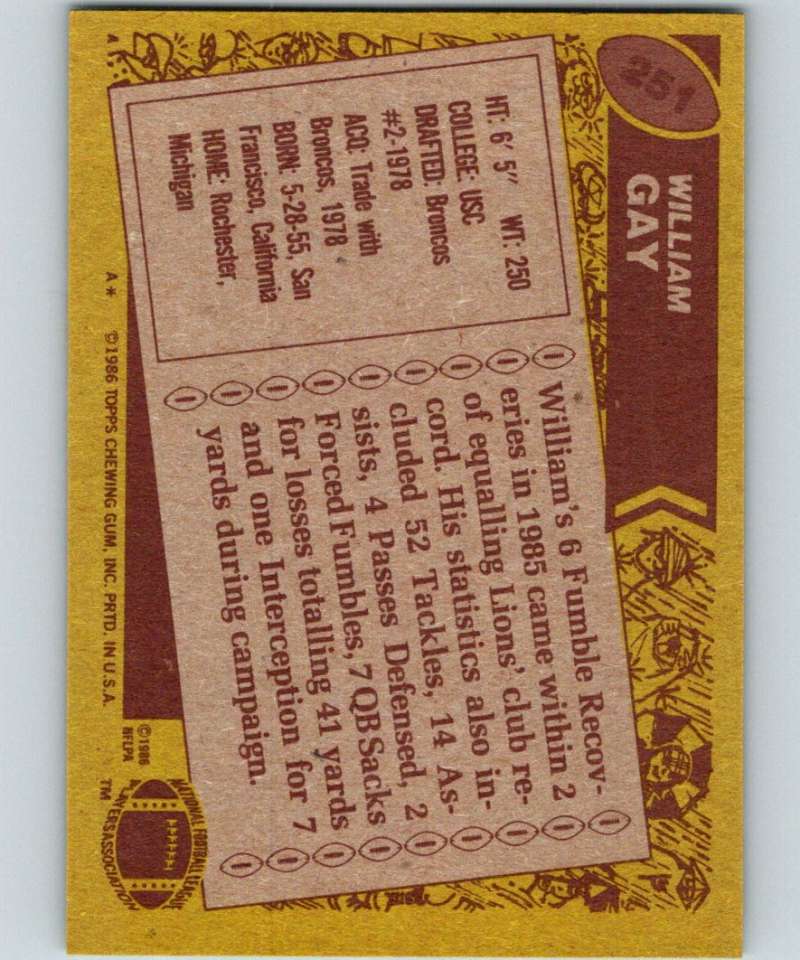 1986 Topps #251 William Gay Lions NFL Football Image 2