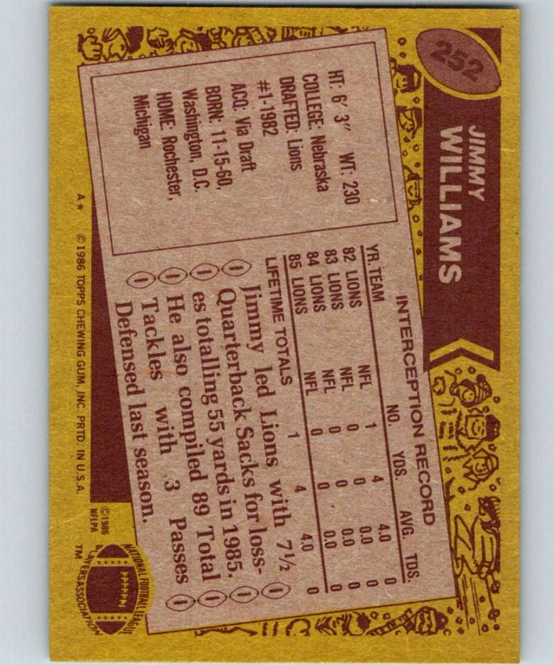 1986 Topps #252 Jimmy Williams Lions NFL Football Image 2
