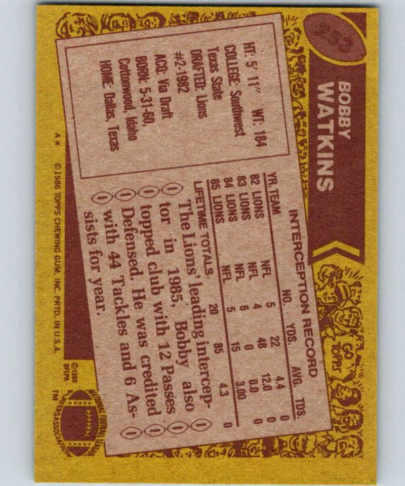 1986 Topps #253 Bobby Watkins Lions NFL Football Image 2