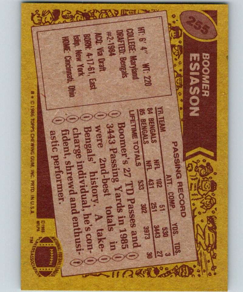 1986 Topps #255 Boomer Esiason RC Rookie Bengals NFL Football