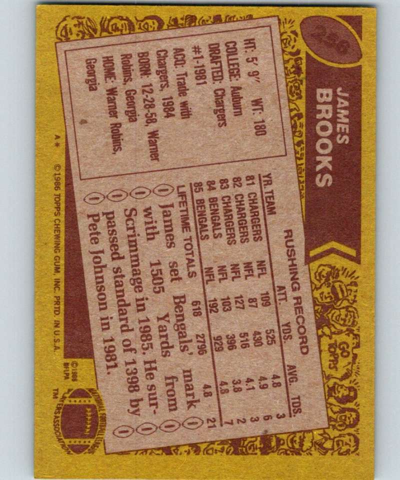 1986 Topps #256 James Brooks Bengals NFL Football Image 2