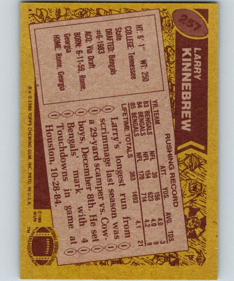 1986 Topps #257 Larry Kinnebrew Bengals NFL Football Image 2
