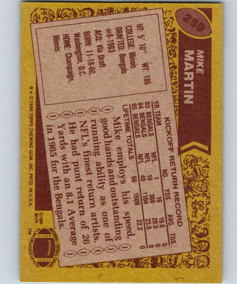 1986 Topps #259 Mike Martin Bengals NFL Football Image 2