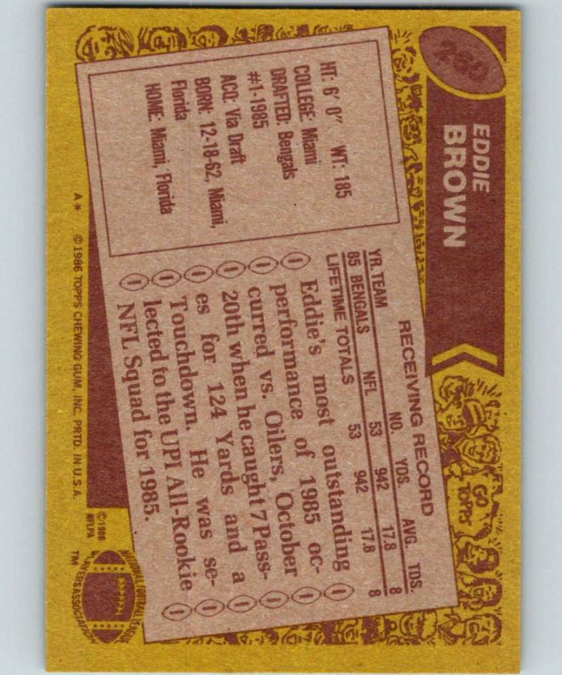 1986 Topps #260 Eddie Brown RC Rookie Bengals NFL Football Image 2