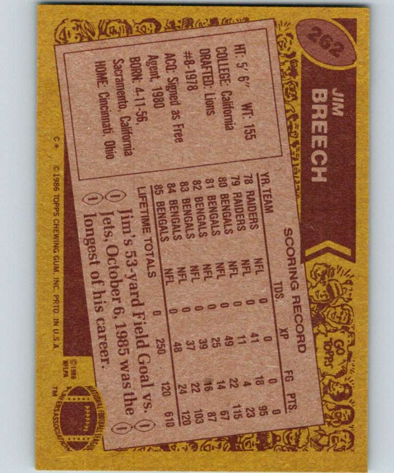 1986 Topps #262 Jim Breech Bengals NFL Football Image 2