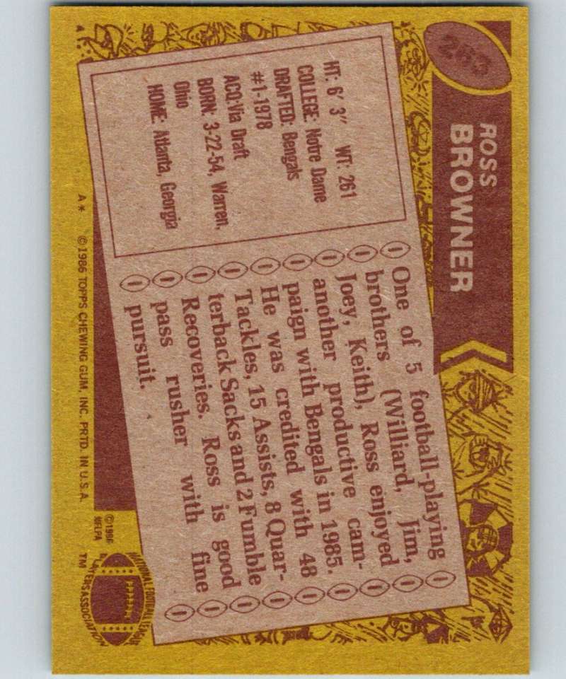 1986 Topps #263 Ross Browner Bengals NFL Football Image 2