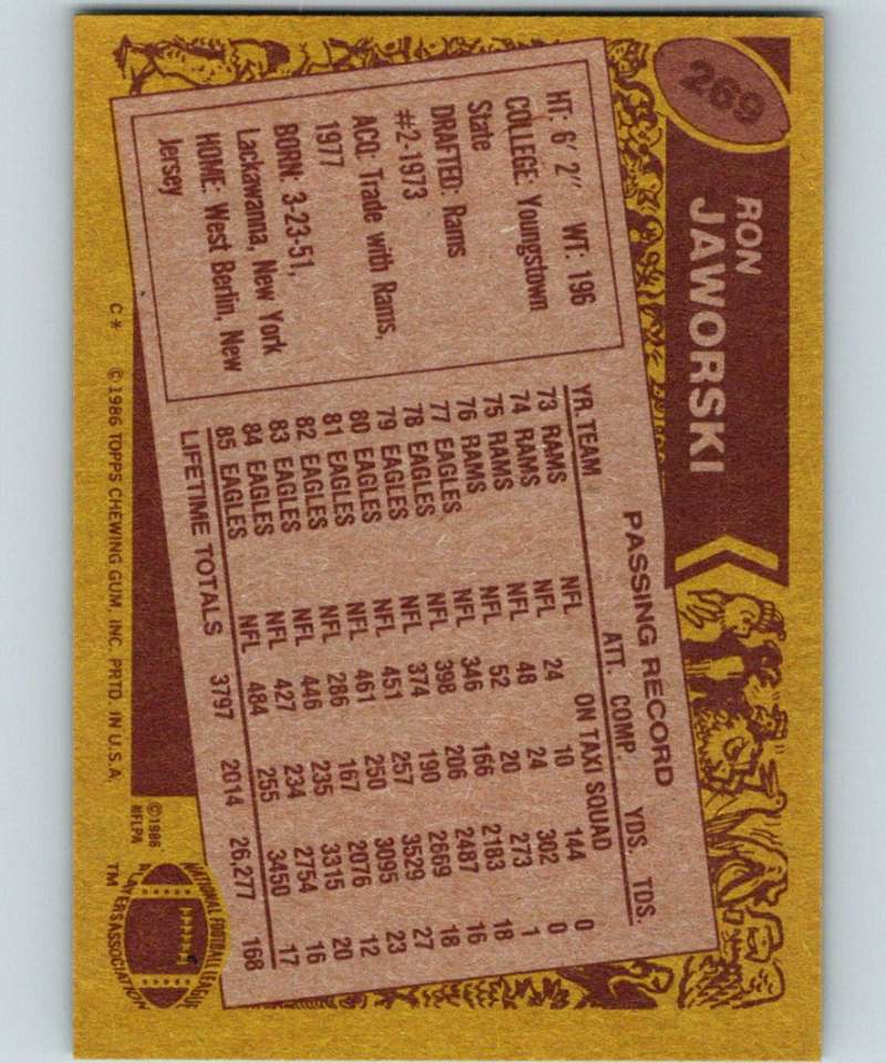 1986 Topps #269 Ron Jaworski Eagles NFL Football Image 2