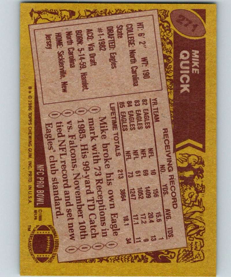 1986 Topps #271 Mike Quick Eagles NFL Football Image 2