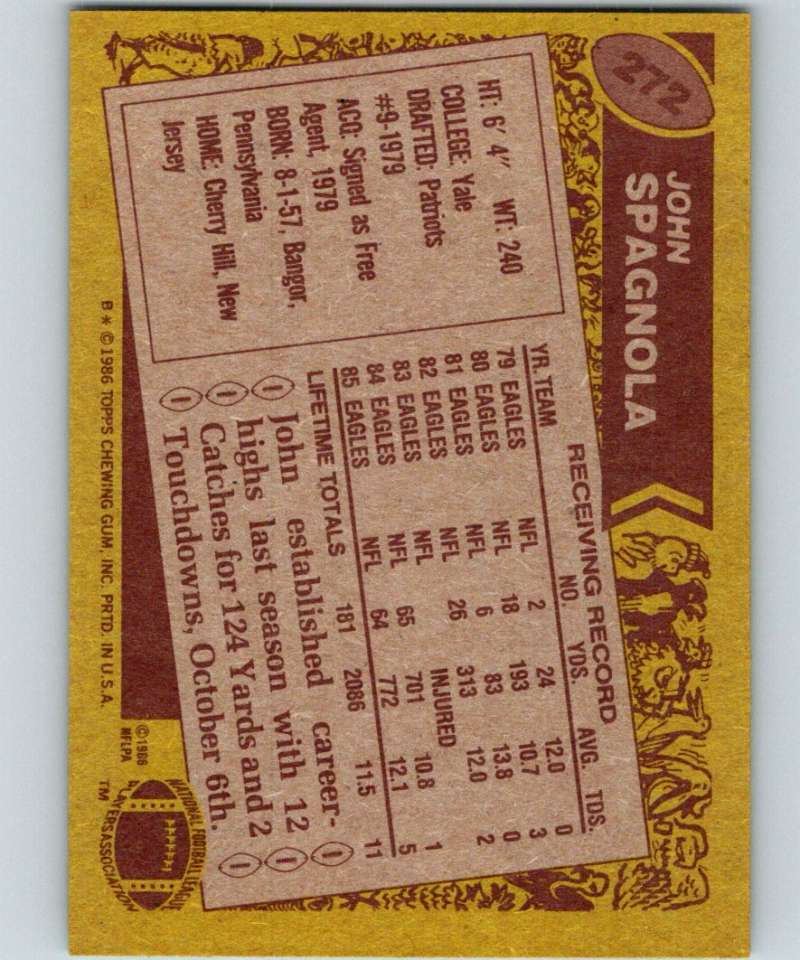 1986 Topps #272 John Spagnola Eagles NFL Football Image 2