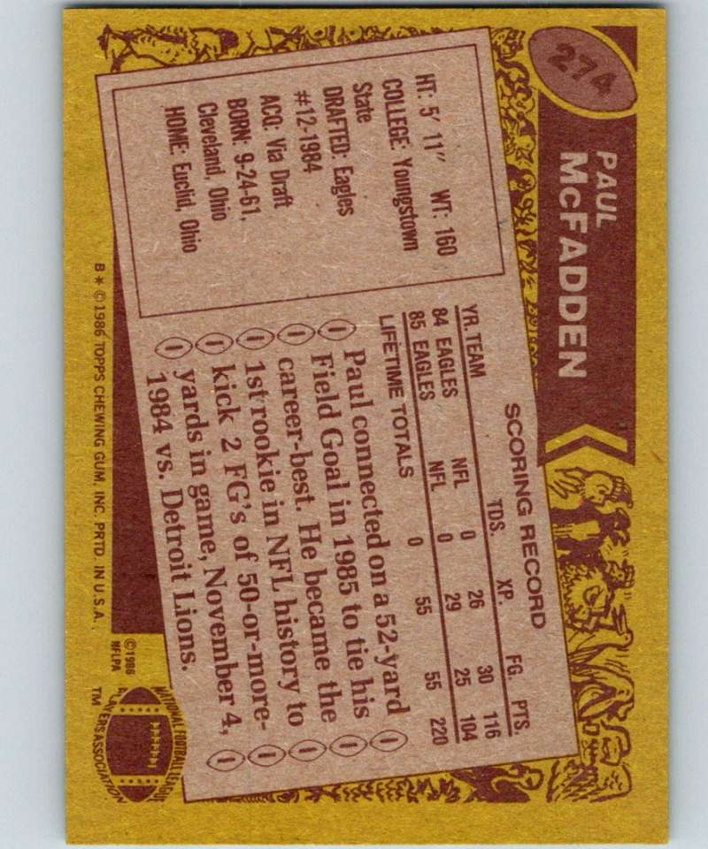 1986 Topps #274 Paul McFadden Eagles NFL Football Image 2