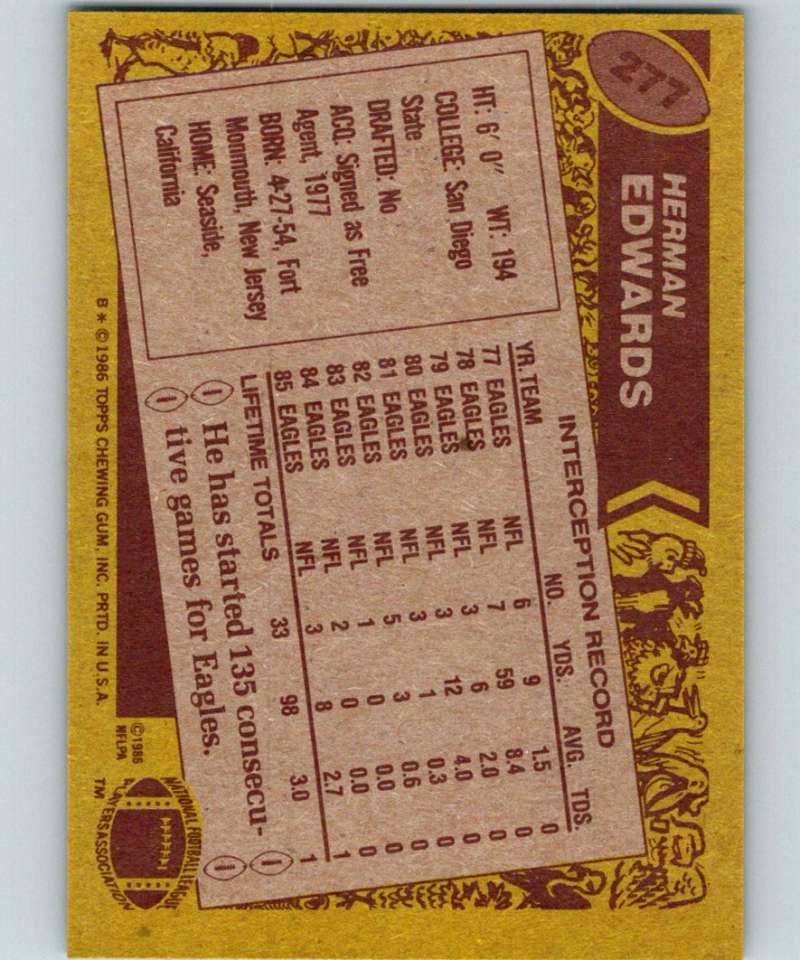 1986 Topps #277 Herman Edwards Eagles NFL Football