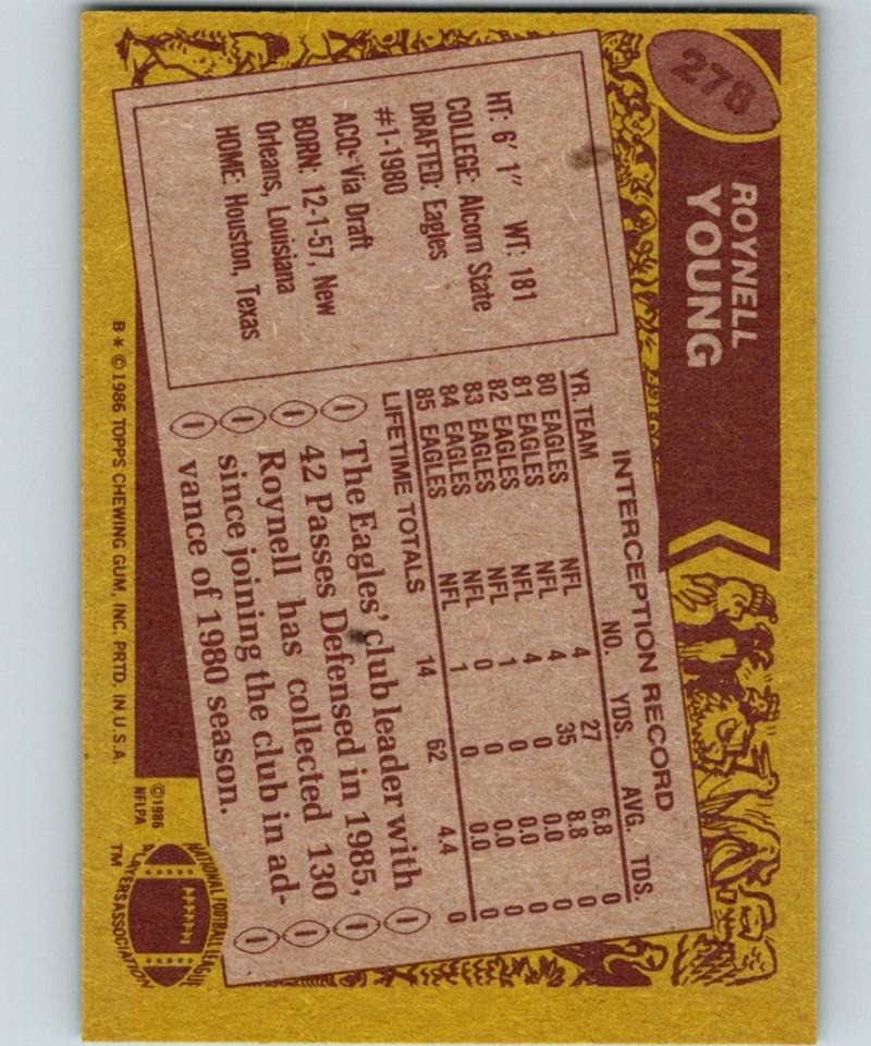 1986 Topps #278 Roynell Young Eagles NFL Football Image 2