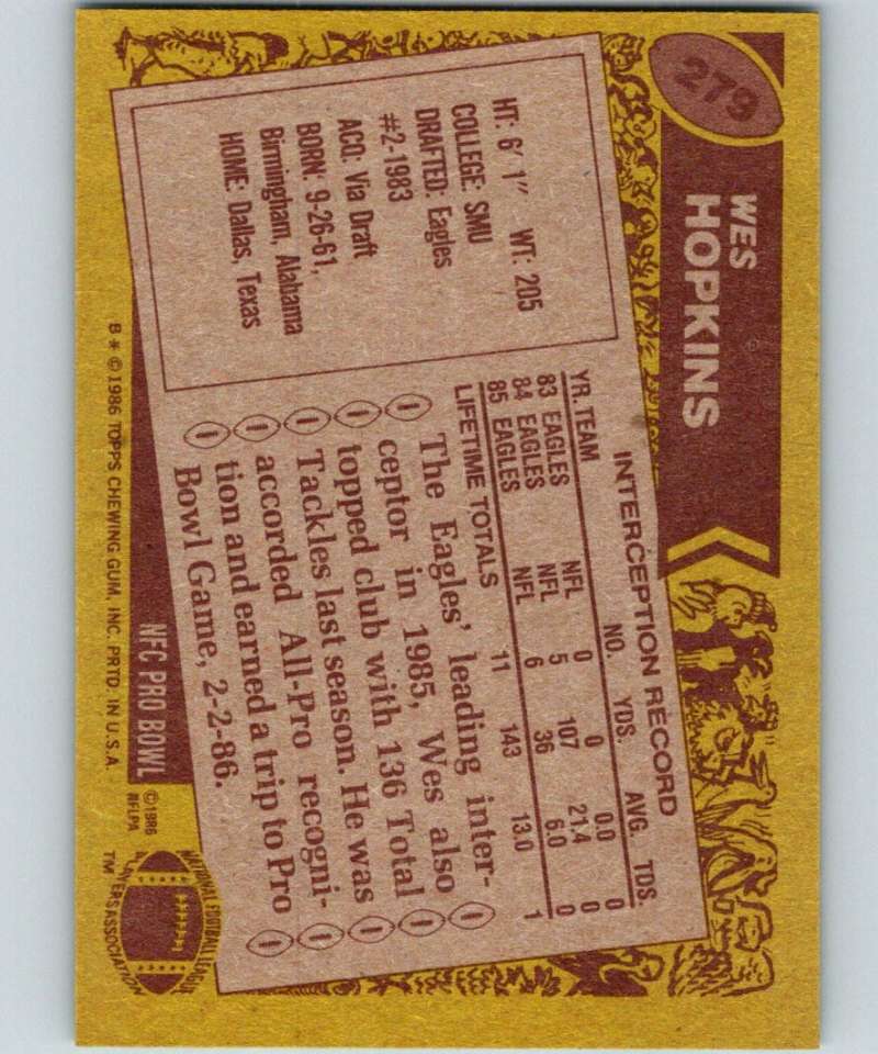 1986 Topps #279 Wes Hopkins Eagles NFL Football Image 2