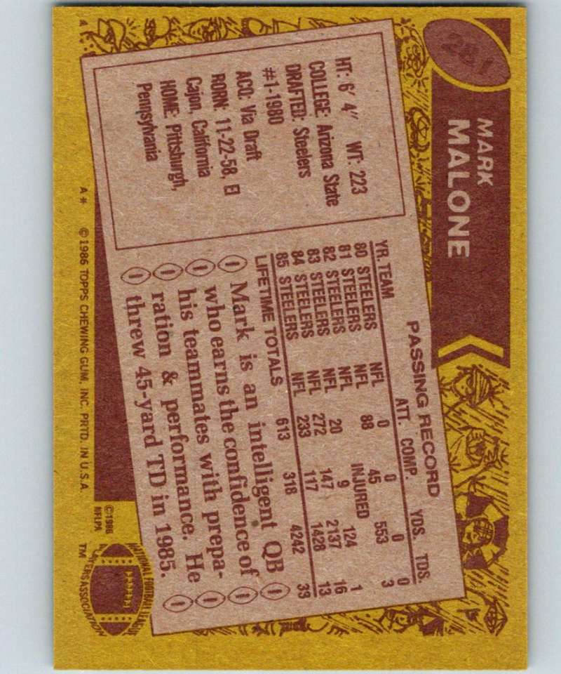 1986 Topps #281 Mark Malone Steelers NFL Football Image 2