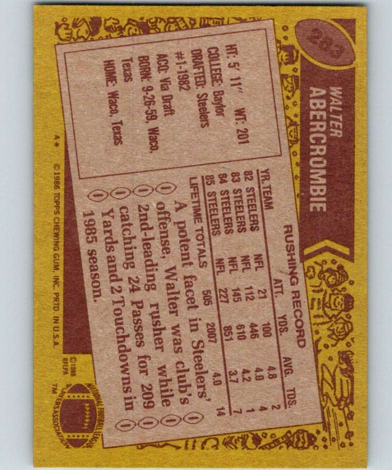 1986 Topps #283 Walter Abercrombie Steelers NFL Football