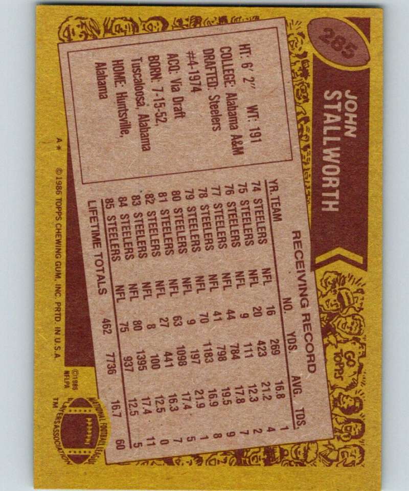 1986 Topps #285 John Stallworth Steelers NFL Football
