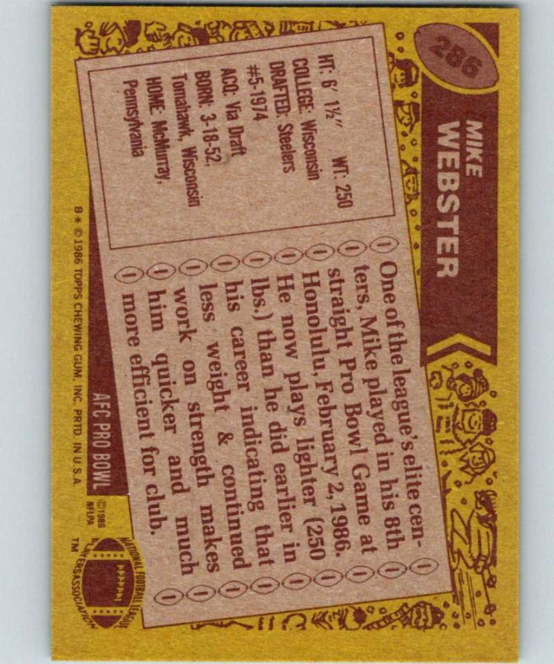 1986 Topps #286 Mike Webster Steelers NFL Football