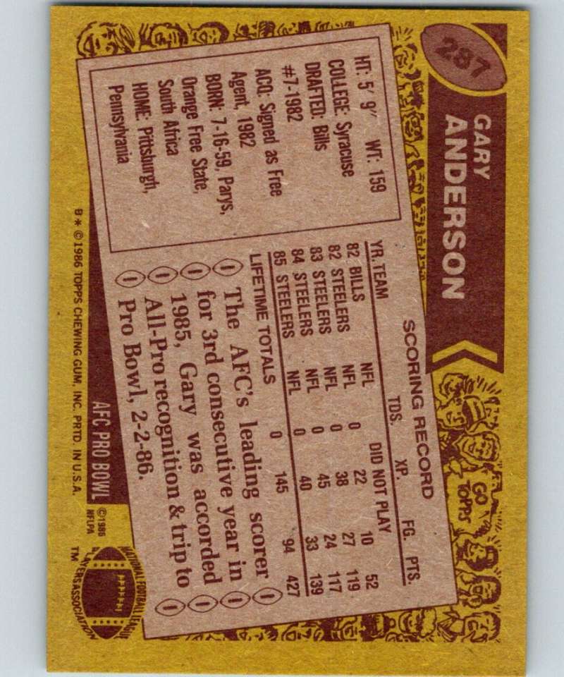 1986 Topps #287 Gary Anderson Steelers NFL Football Image 2