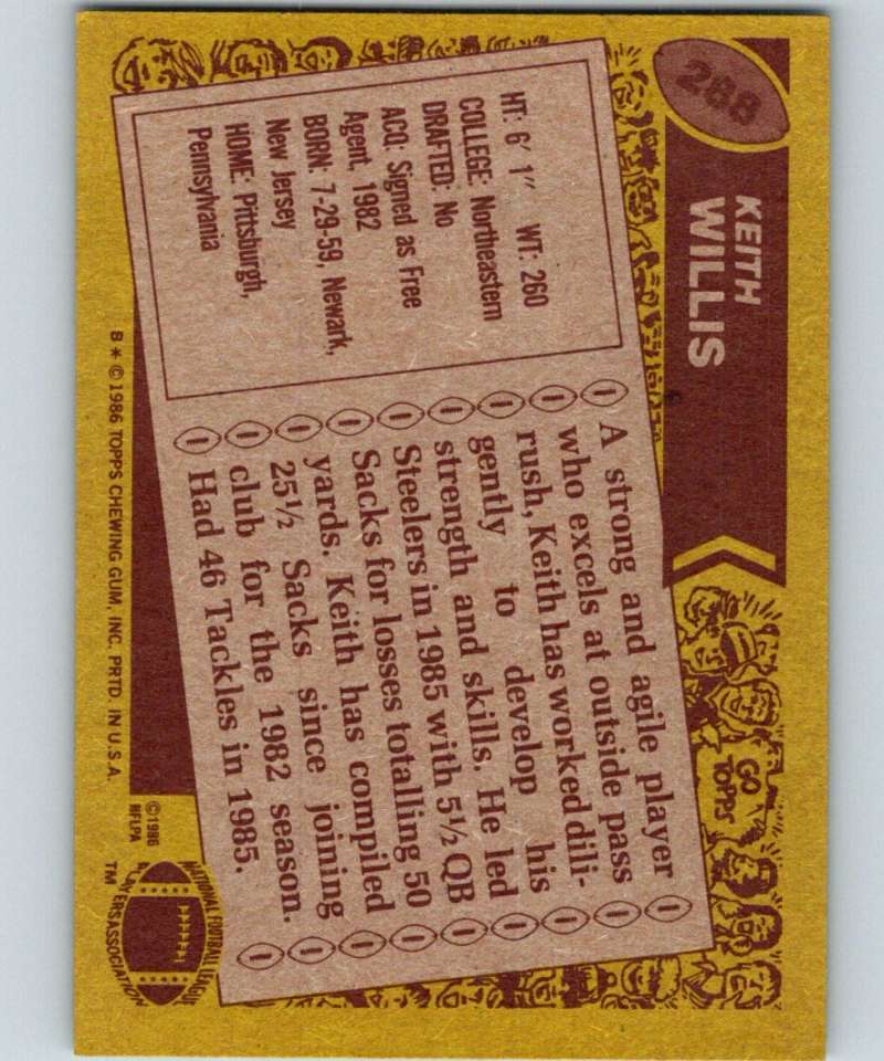 1986 Topps #288 Keith Willis Steelers NFL Football Image 2