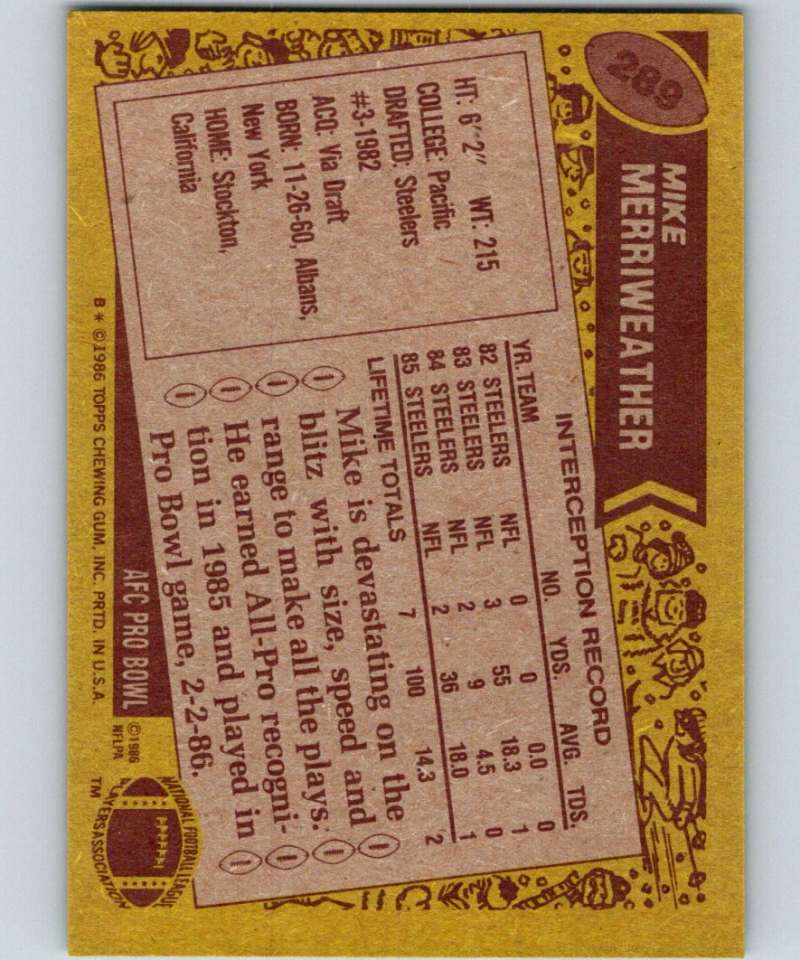 1986 Topps #289 Mike Merriweather Steelers NFL Football Image 2