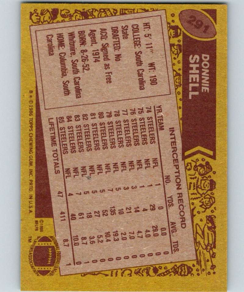 1986 Topps #291 Donnie Shell Steelers NFL Football Image 2