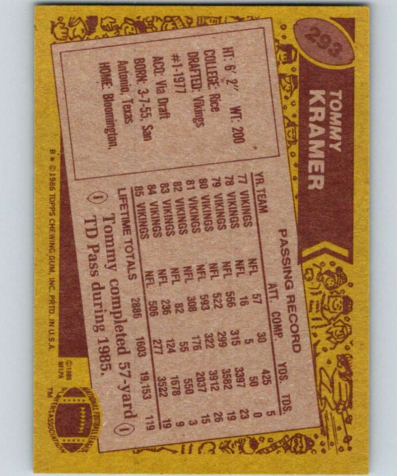 1986 Topps #293 Tommy Kramer Vikings NFL Football