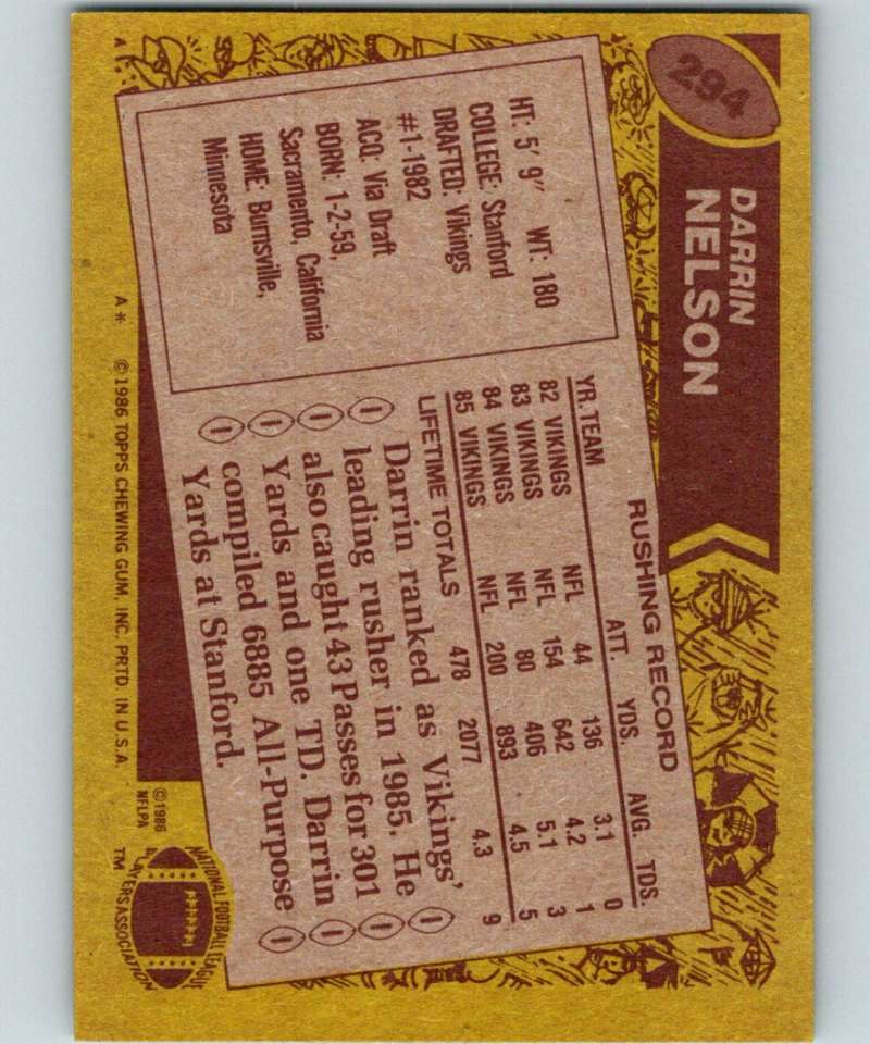 1986 Topps #294 Darrin Nelson Vikings NFL Football Image 2